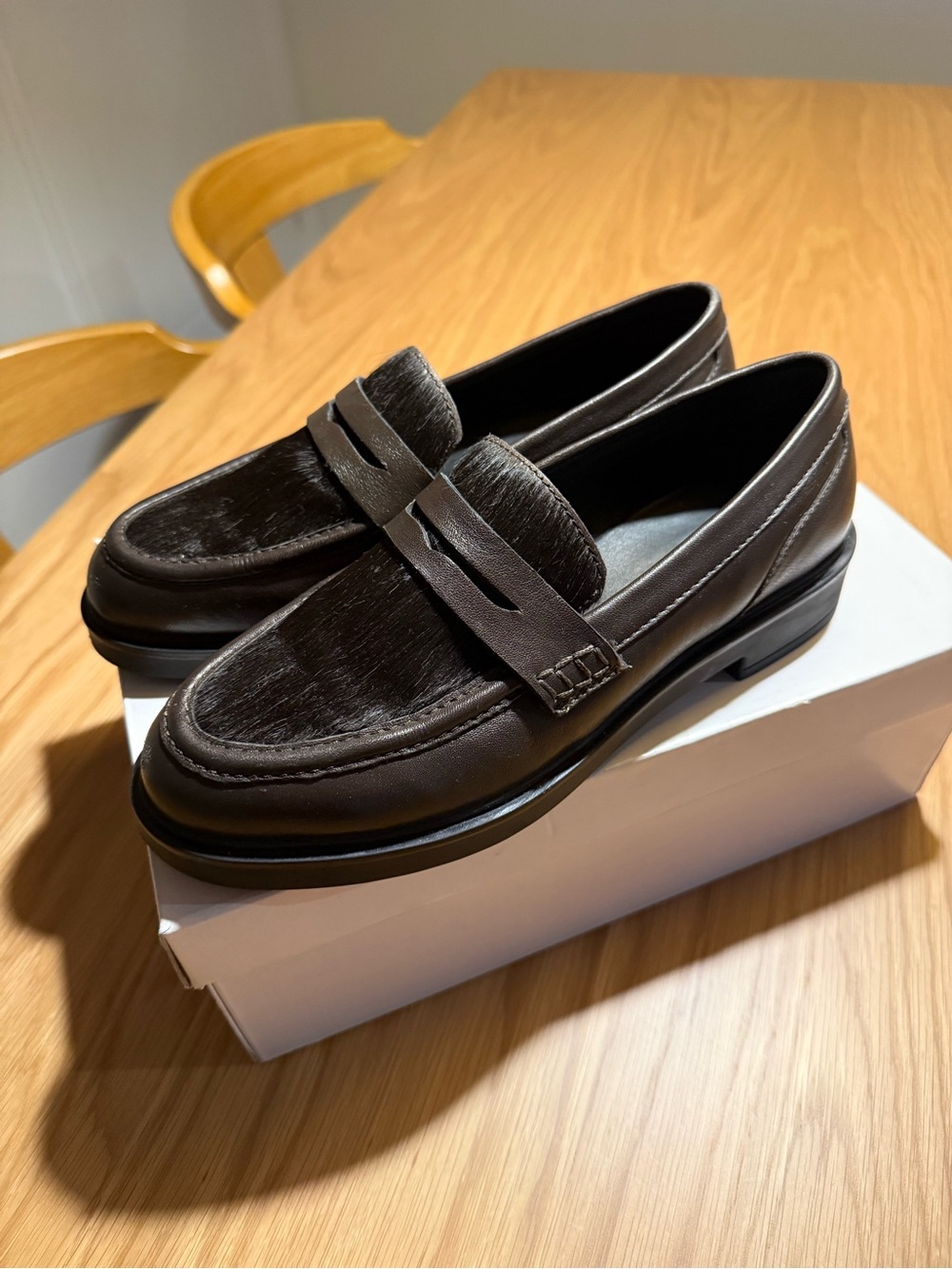 Simons Chocolate Brown Leather Penny Loafers with Pony Hair Detail